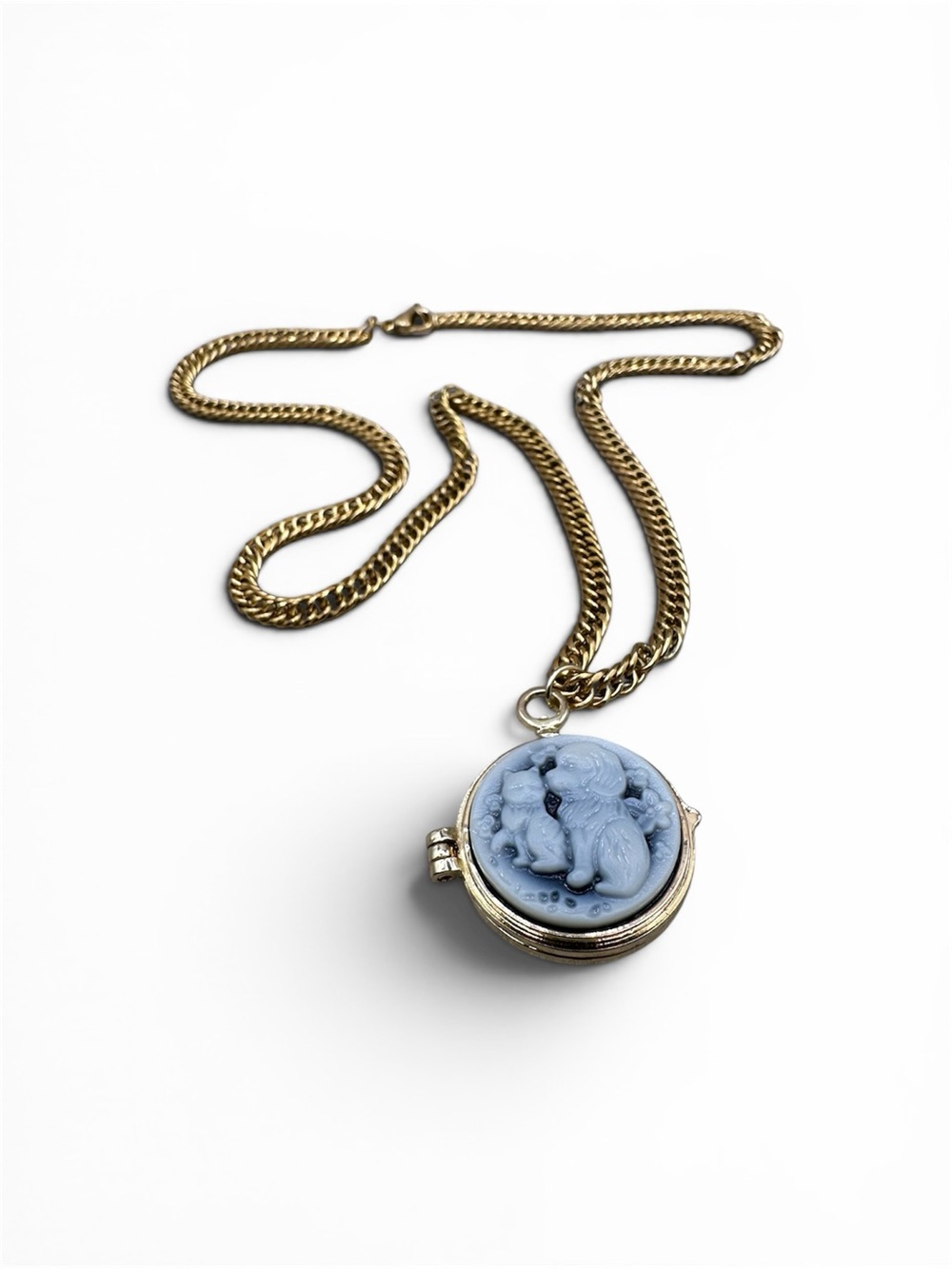 Gold-Tone Locket Necklace with Gray Cameo Cat Relief